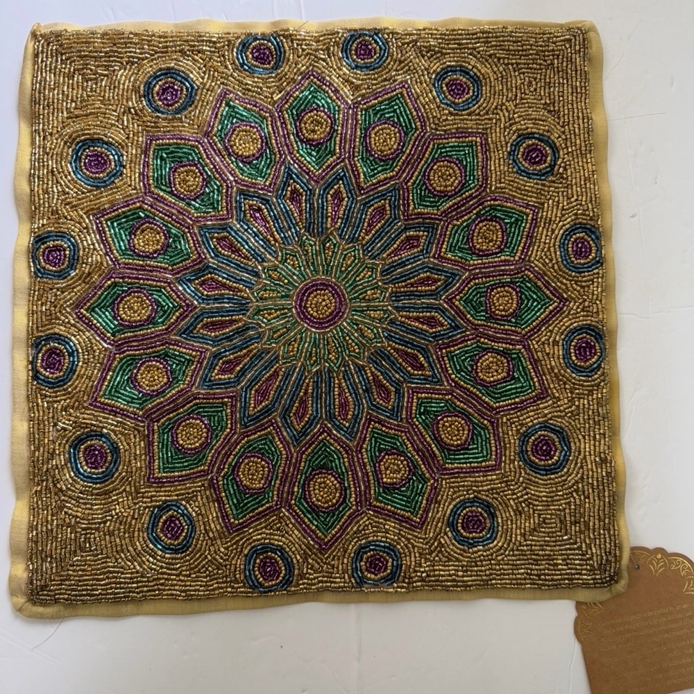 Intricate Gold and Multicolor Beaded Pillow case Happy Diwali 14”